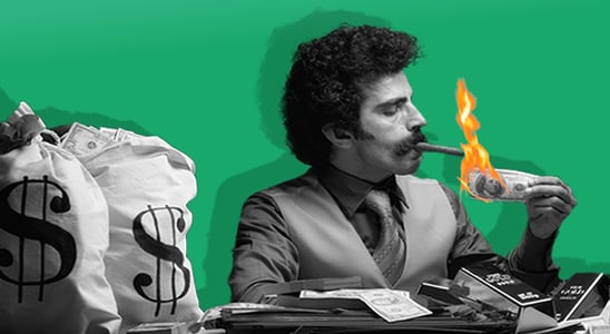 A stylized image with a man in a suit lighting a cigar with a burning dollar bill. Bags of money with dollar signs and gold bars are visible, set against a green and grayscale background.